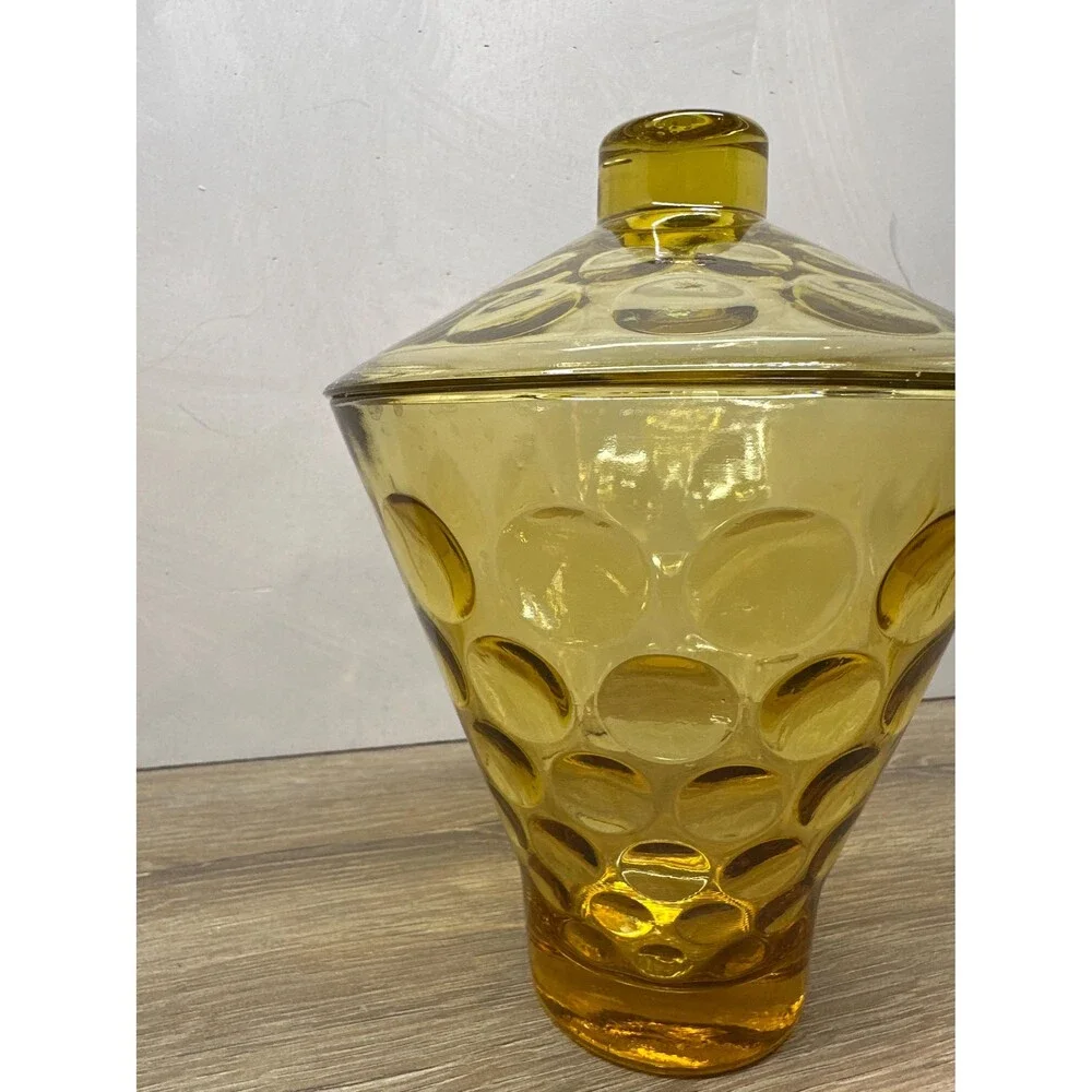Vintage 1960s Hazel Atlas Eldorado Amber Glass Covered Candy Dish, Coin Dot Text